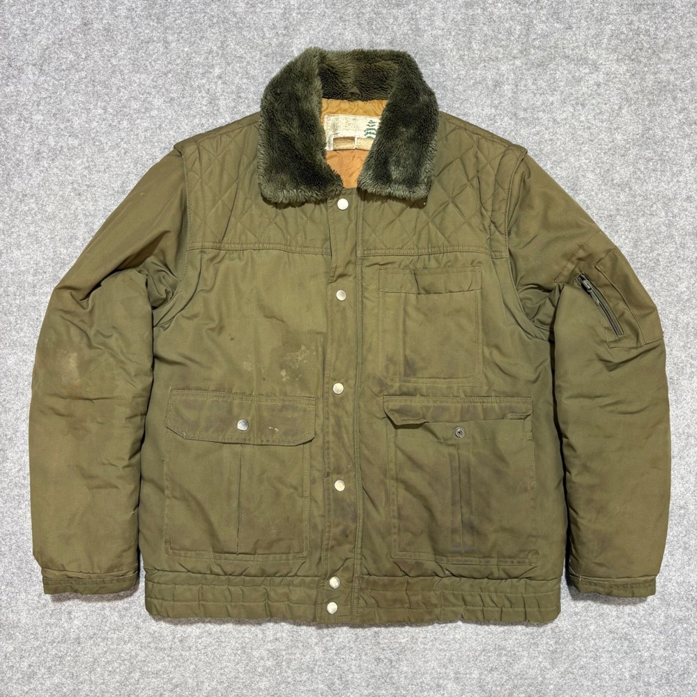 Vintage Fieldmaster Olive Green Quilted Field Jacket Faux Fur Collar Mens Large
